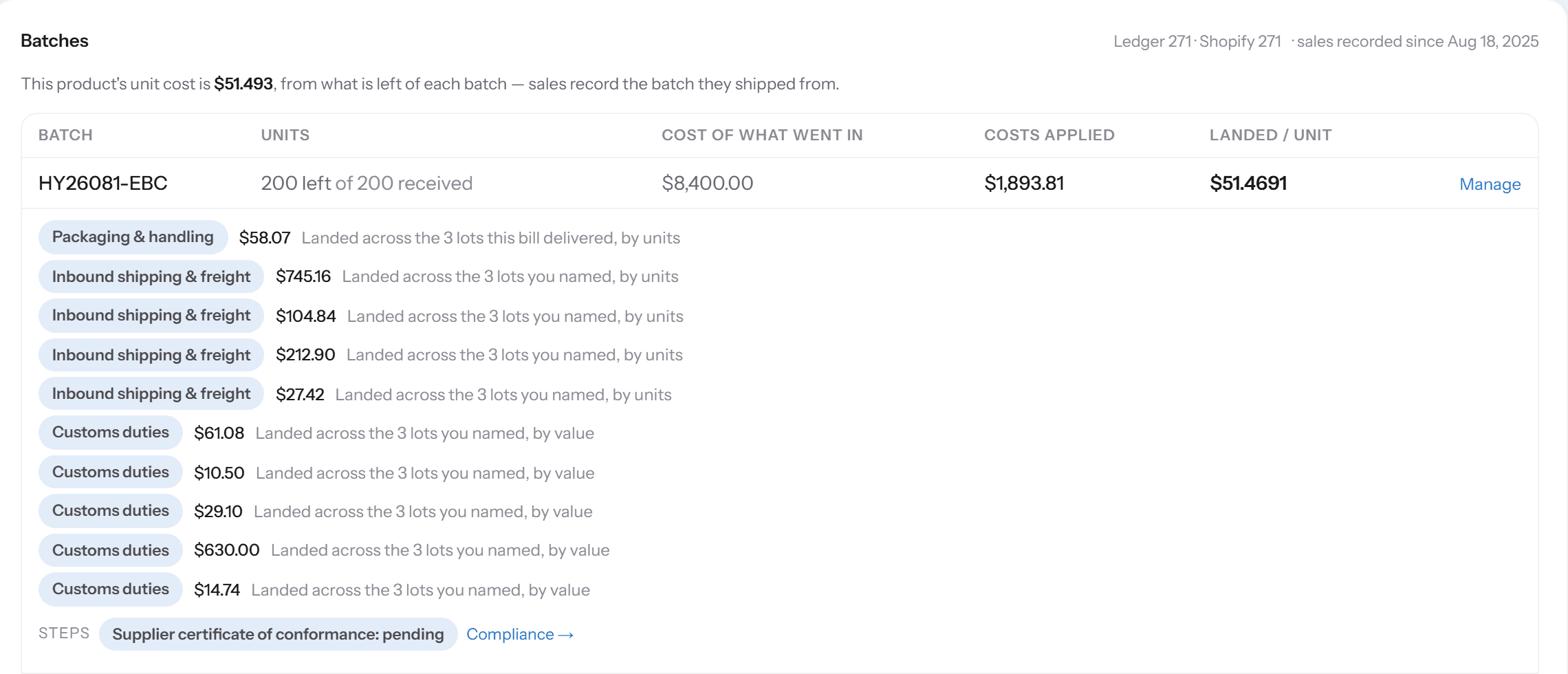 Hull's batch table for Aera Wireless Earbuds: batch HY26081-EBC with 200 units, $8,400 of goods, $1,893.81 of freight, customs and packaging applied, and a landed cost of $51.4691 per unit, with each allocated charge listed underneath.