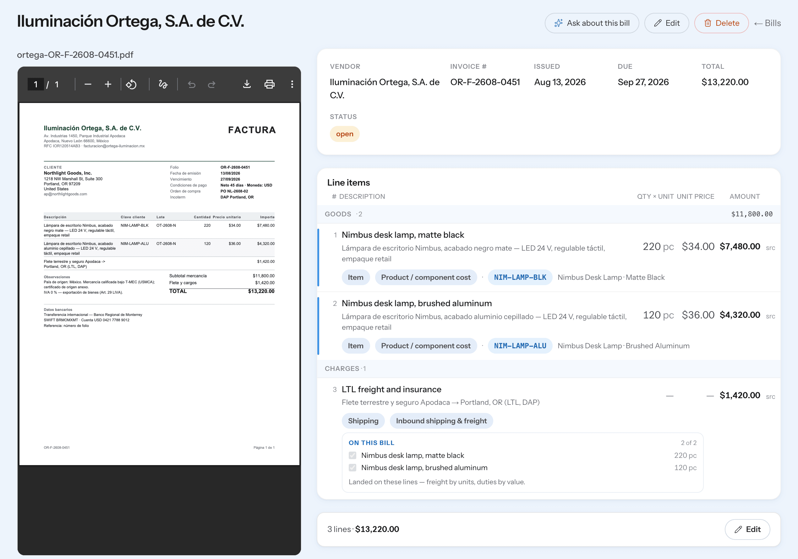 Hull's bill page: a Spanish-language factura for Nimbus desk lamps from Iluminación Ortega in Mexico on the left, and the three line items Hull read from it on the right, each tagged with its product code and cost category, with the freight charge landed on both lamps.